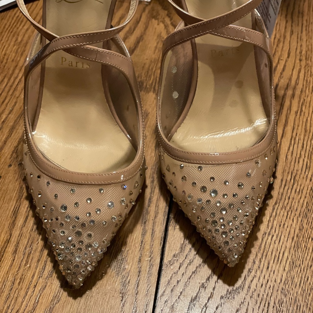 Christian Louboutin Nude Crystal-Embellished Pointed Toe Strappy Heels